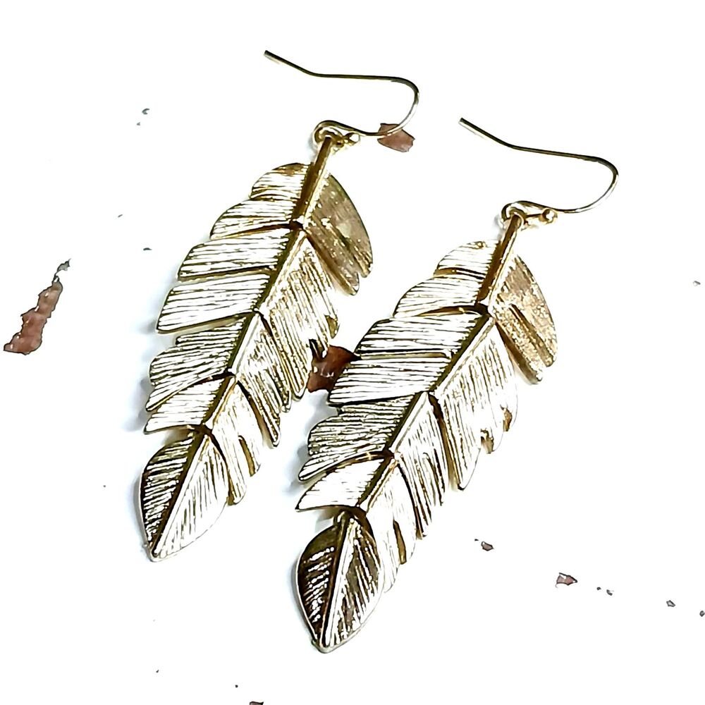 Brass Feather Dangle Earrings, Boho, Gently Used